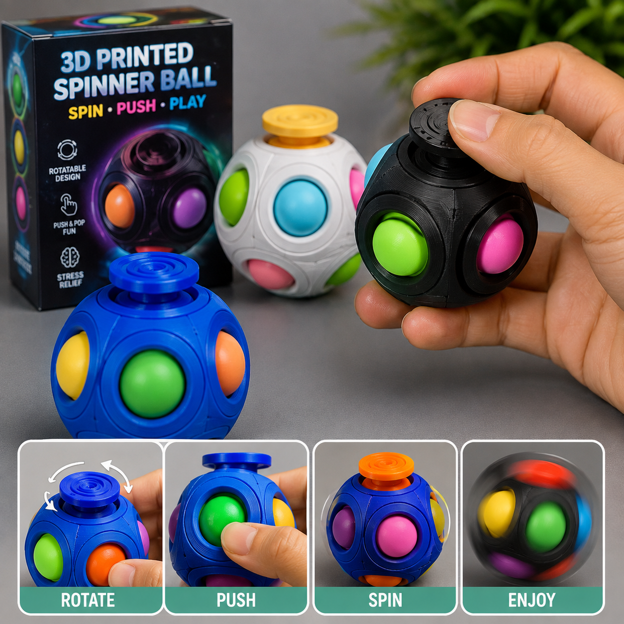 Rotatable 3D Printed Fidget Spinner Ball Push Pop Finger Gyro